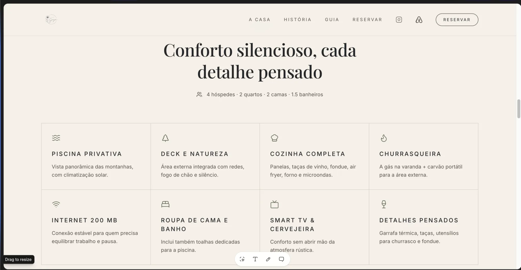 Seção da landing page Casa Goya apresentando comodidades