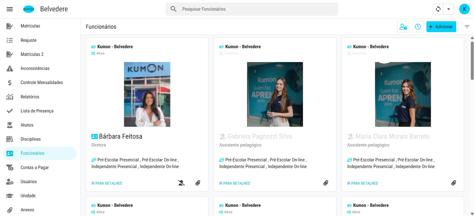 Tela de gestão de funcionários de uma operação educacional