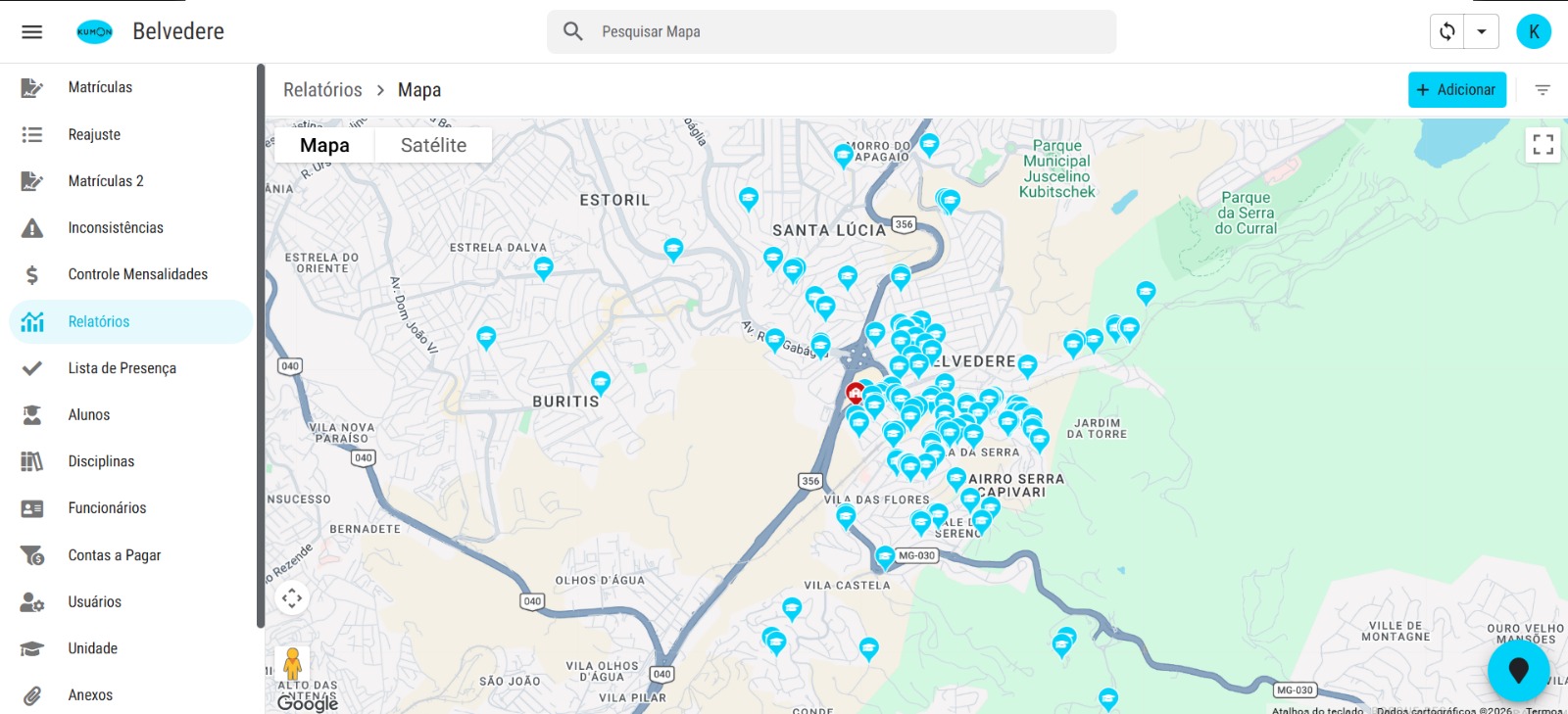 Mapa operacional com unidades e alunos distribuídos geograficamente