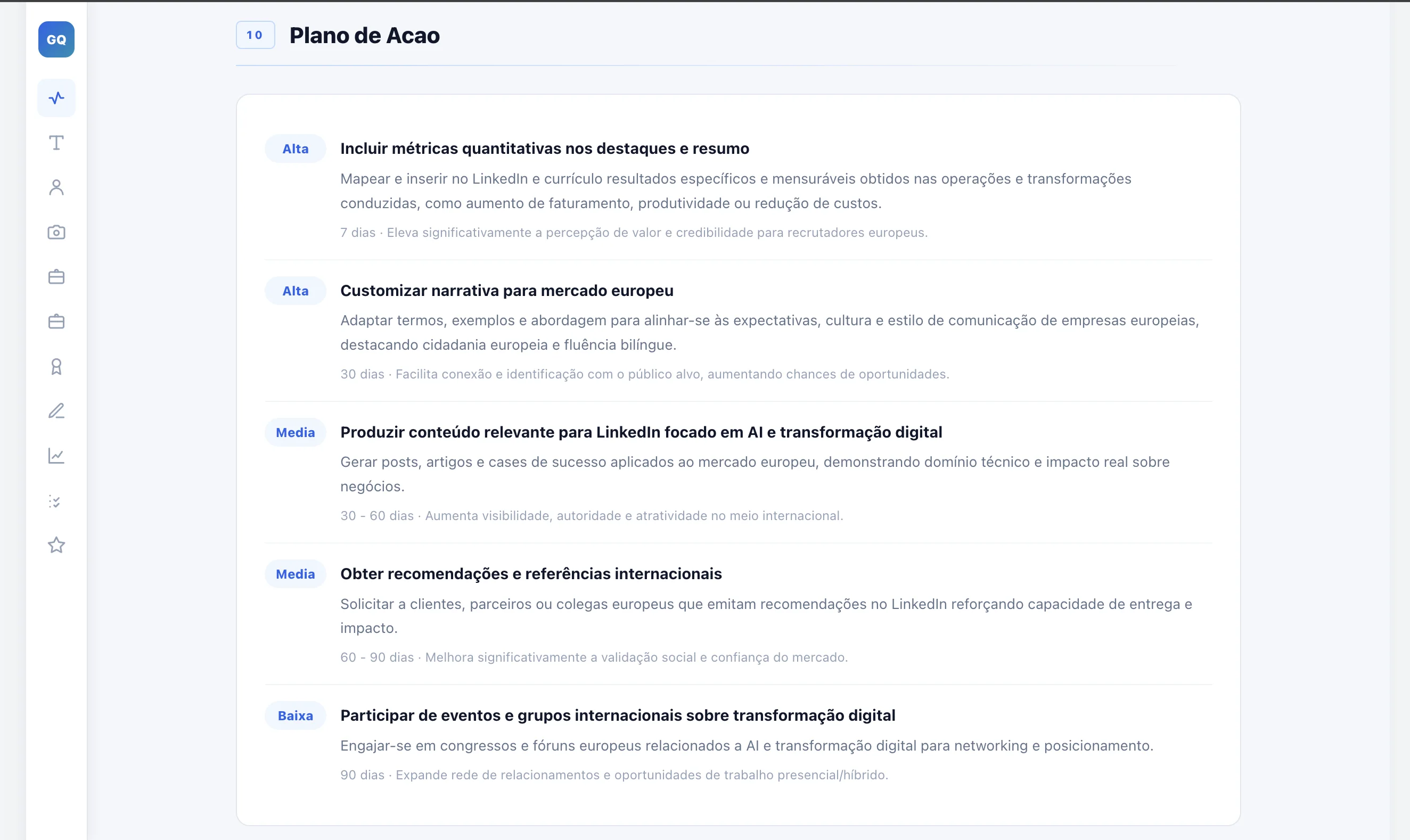 Plano de ação do GapInsights