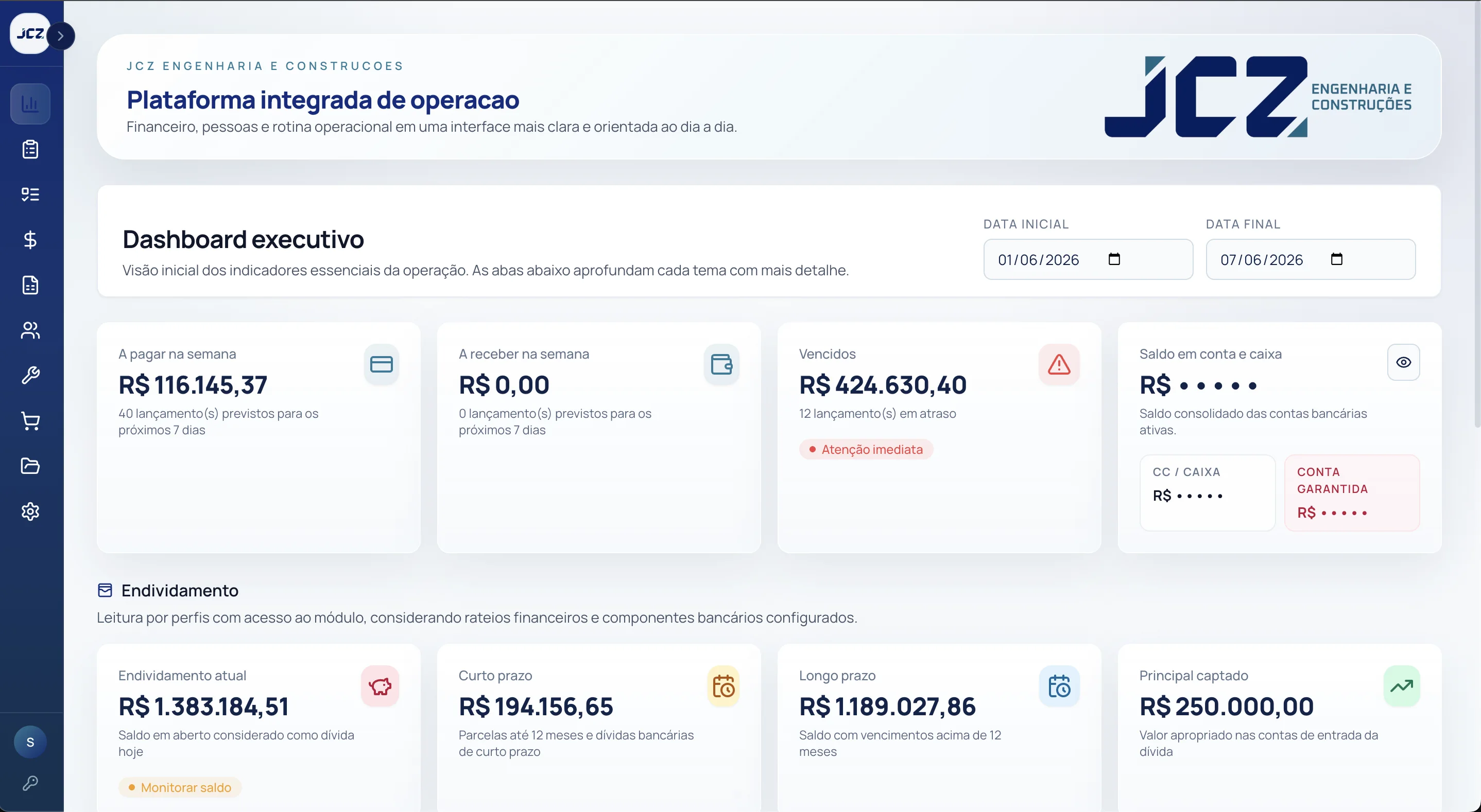 Tela real do dashboard executivo da JCZ Engenharia