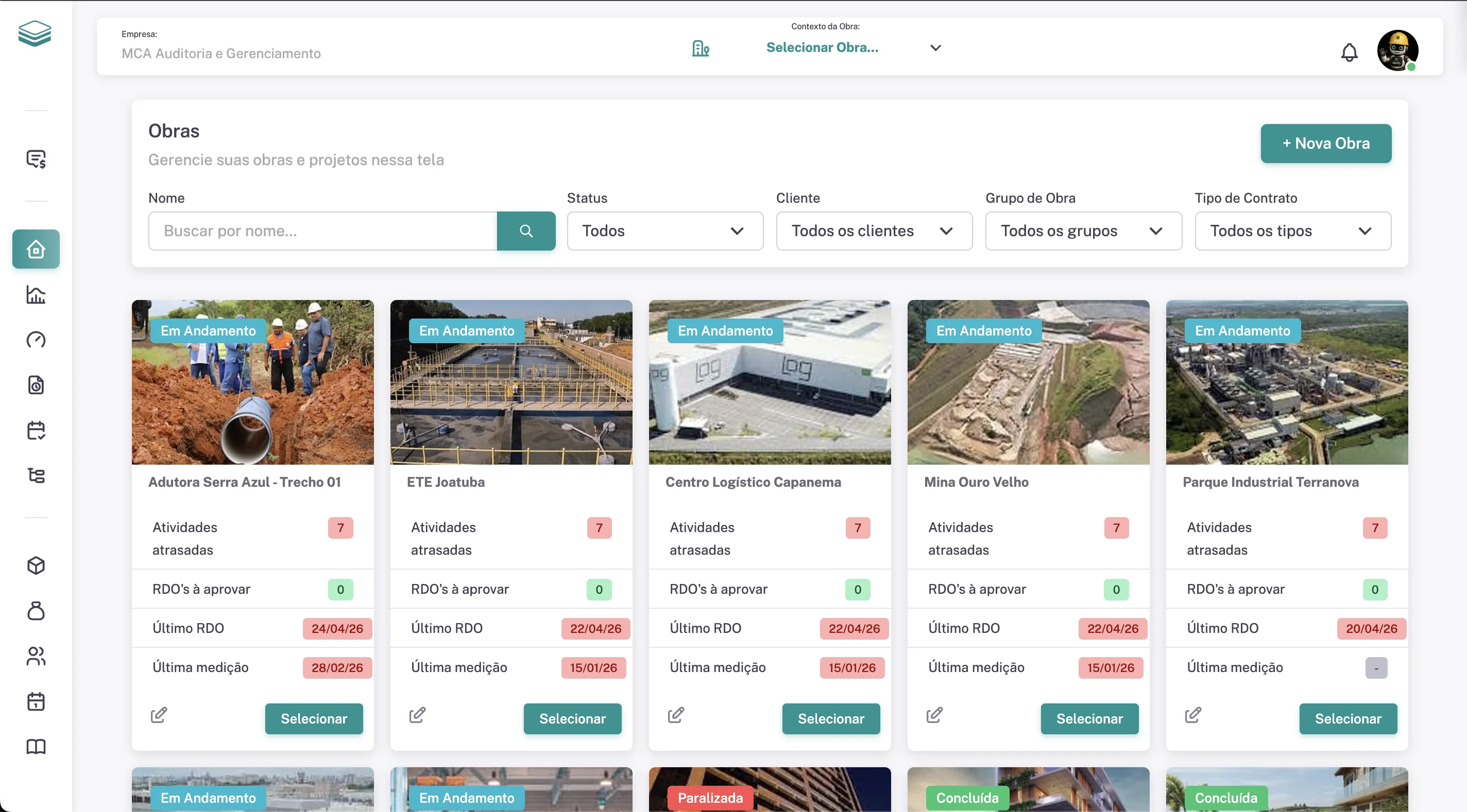 Tela real do Obrify com portfólio de obras