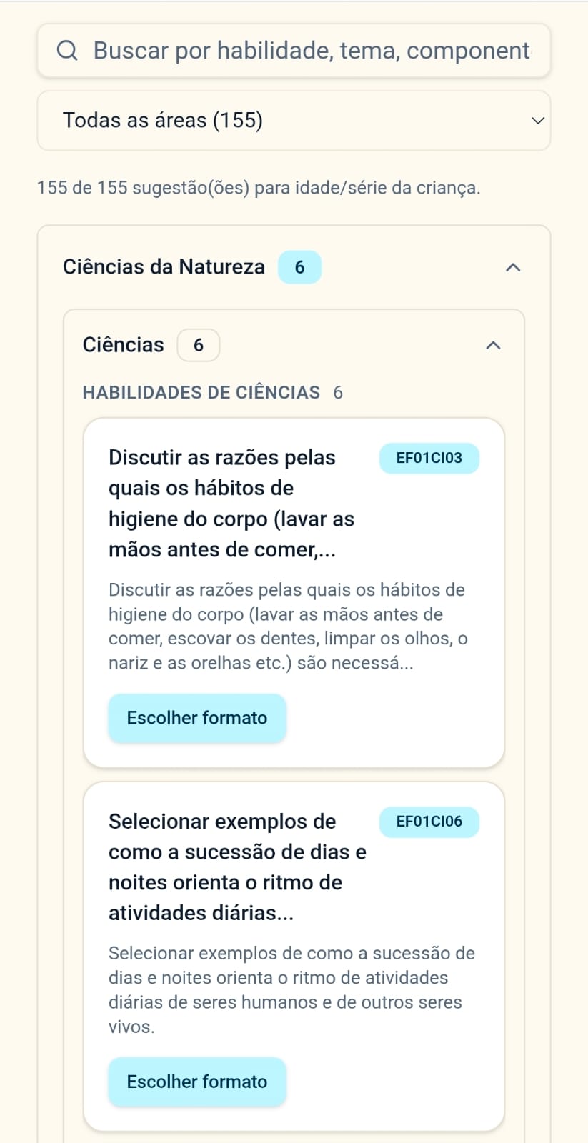 Tela do Plim para escolher conteúdo da BNCC