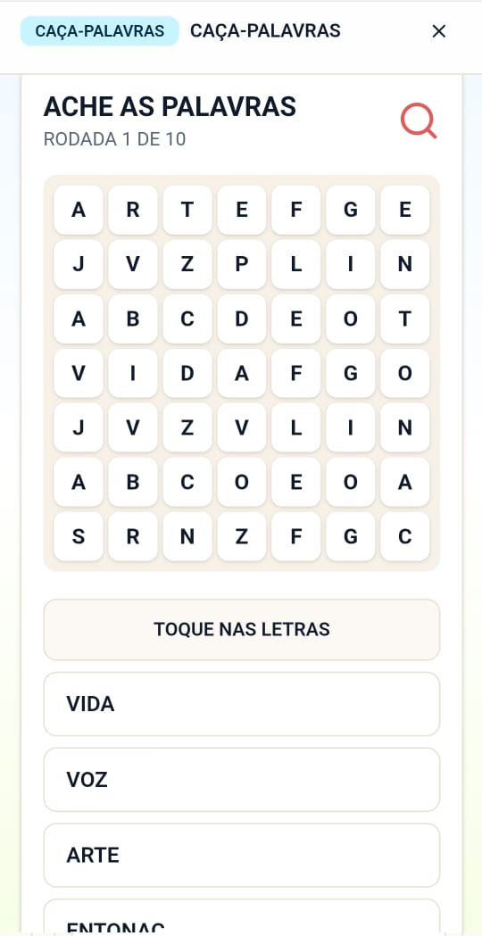 Tela do Plim com jogo de caça-palavras
