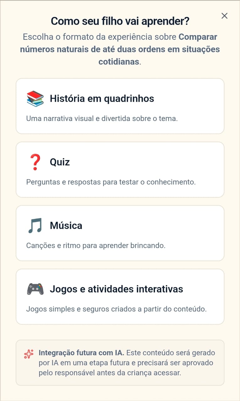 Tela do Plim para escolher formato de aprendizagem