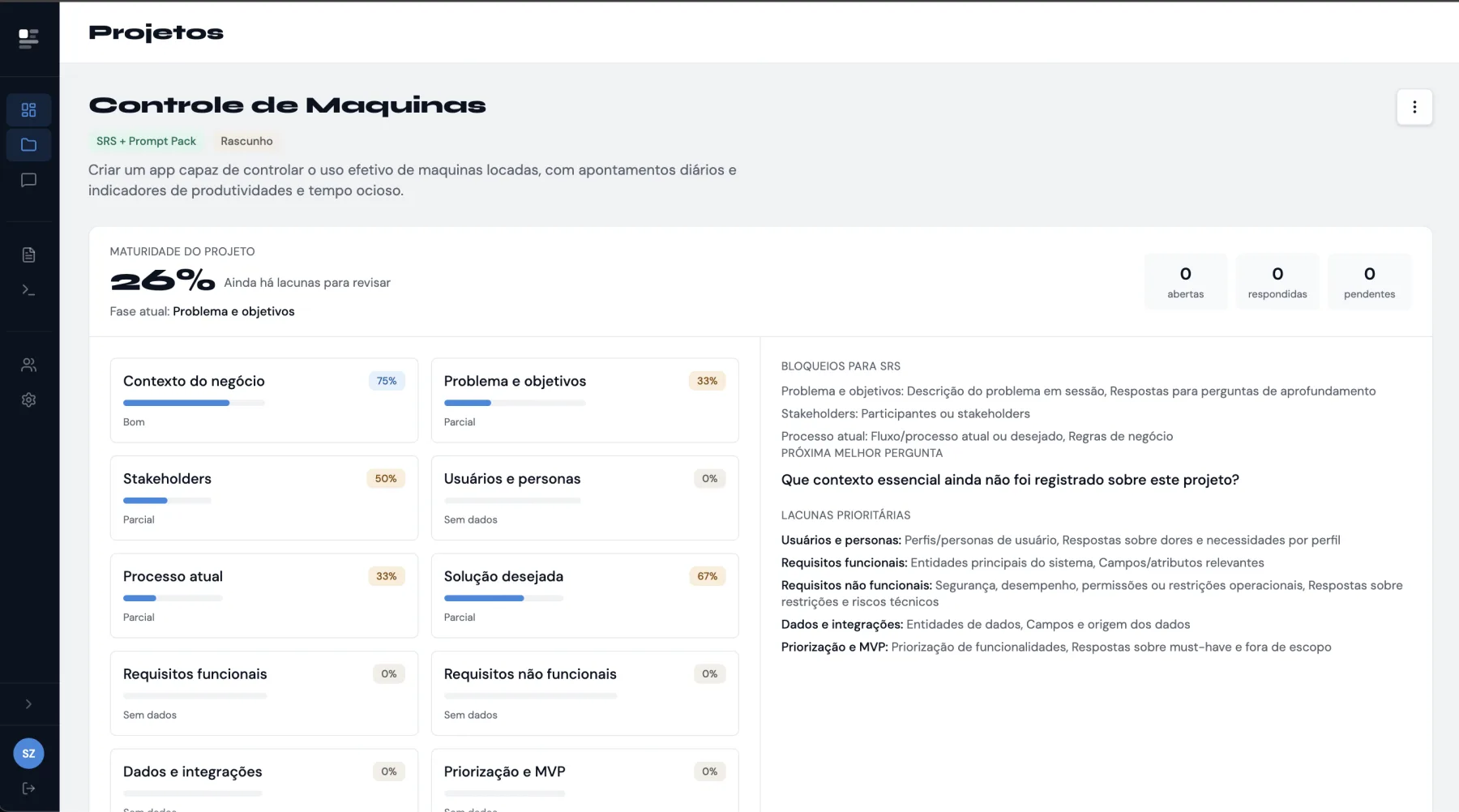 Tela real do req.ai com visão de maturidade do projeto